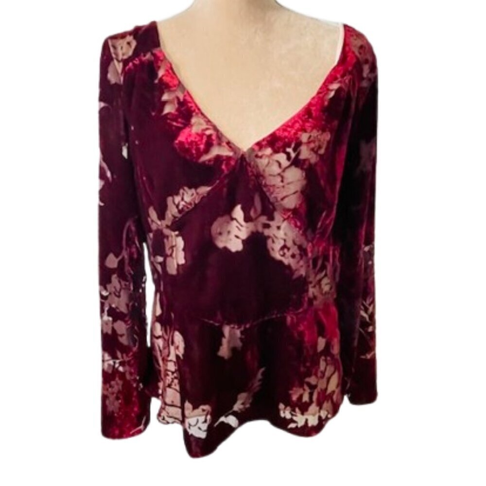 Vintage Y2k Fairy Whimsigoth Velvet Burnout Peplum Top Ice Burgundy XL - Picture 2 of 9